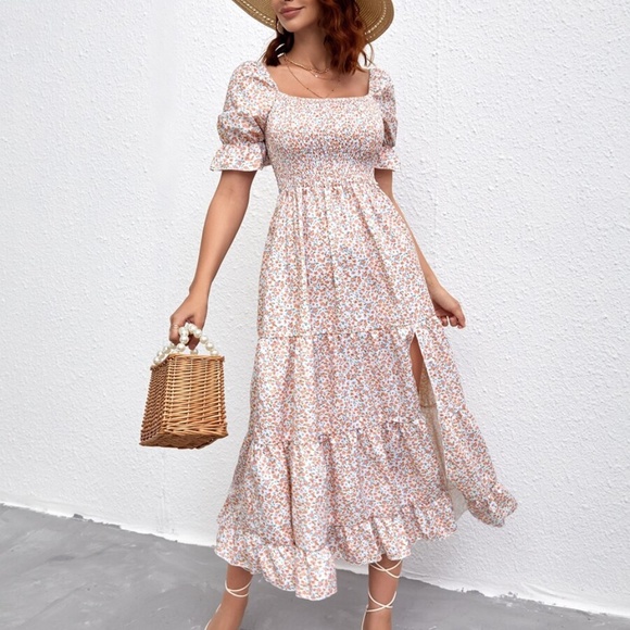 Bohemian Floral Print Puff Sleeve Ruffle Midi Dress - Picture 3 of 5